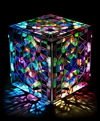 free image download of Mosaic cube, a kaleidoscope of color dances across the walls as light filters through the stained glass facets, each glows with a life of its own, reflecting beauty, tesseract